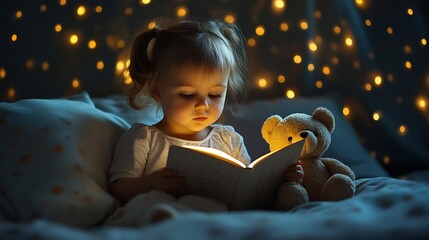 Little girl reading a book in bed Dark bedroom with night light projecting stars on room ceiling Kids nursery and bedding Children read before bedtime Toddler child playing with lamp a : Generative AI