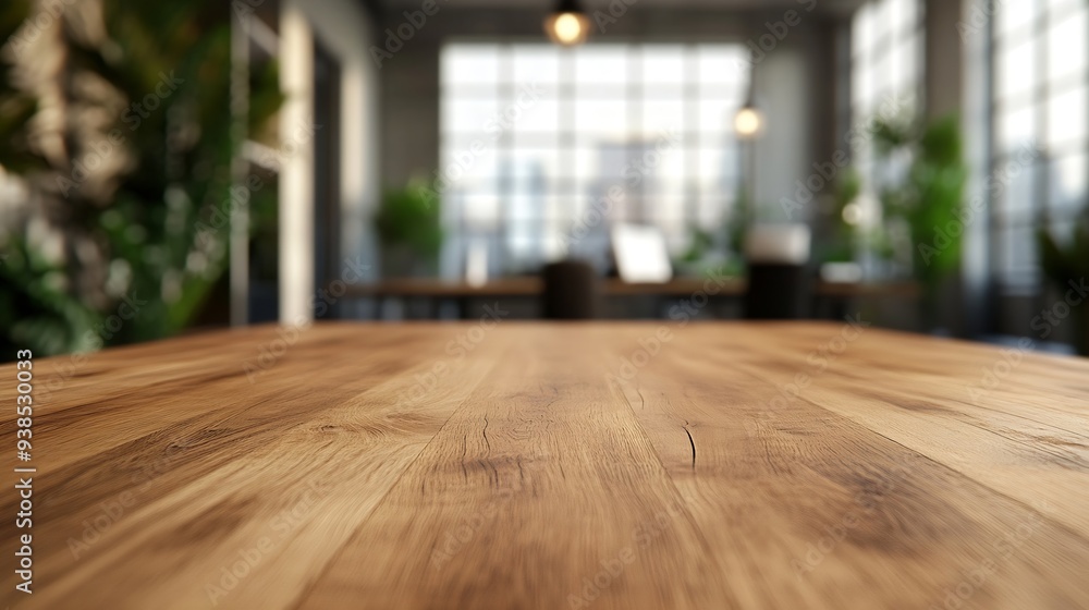 Poster Wooden top with blurred empty office room background can be used for mocking up or display product to make advertising : Generative AI