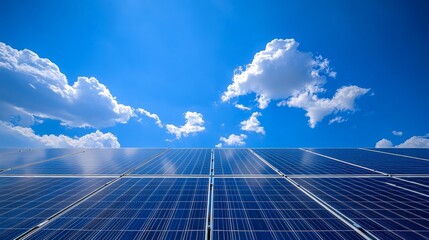 Solar Panels Against Blue Sky and Fluffy Clouds
