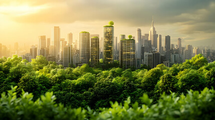 Cityscape with a forest in the foreground and sunset in the background.