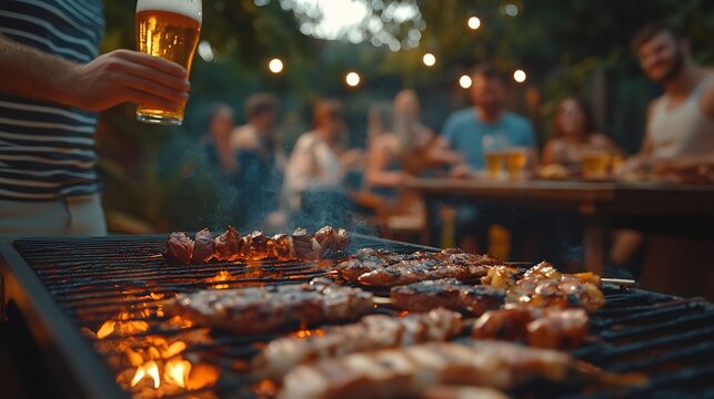 Friends barbecue and party in backyard with group diversity and cooking meat on fire in summer Students men and women with beer drink and relax with food bbq and outdoor on holiday in  : Generative AI