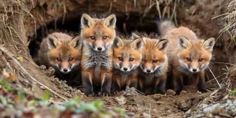 Fototapeta premium Young foxes emerging from their den to explore the garden