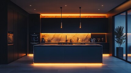 stylish luxury kitchen interior in an ultramodern spacious apartment in dark colors with super cool led lighting and an island for cooking : Generative AI