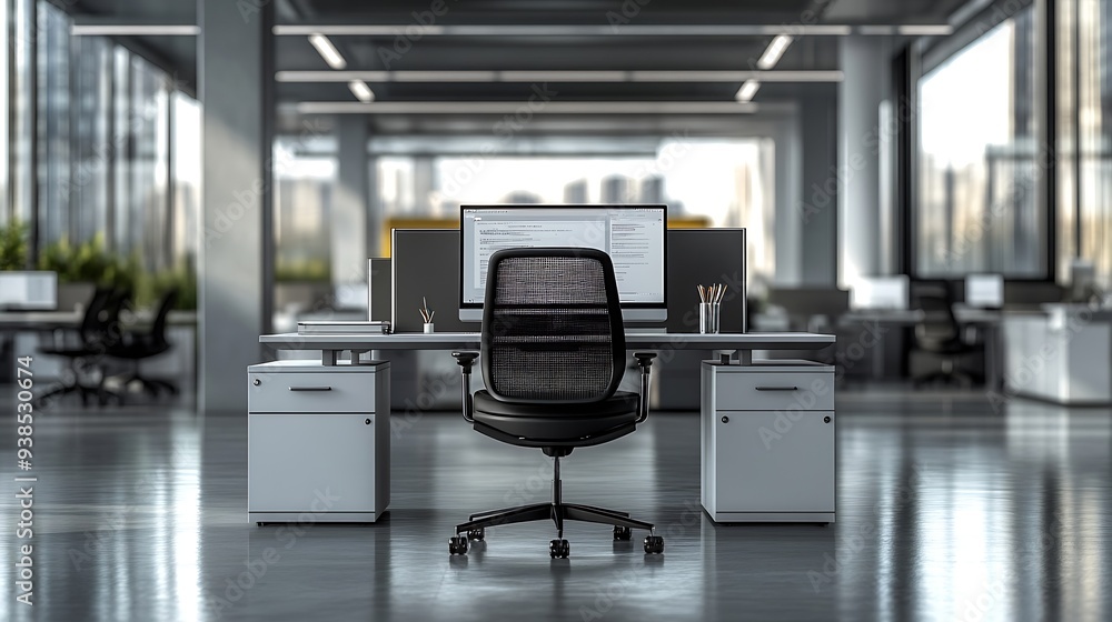 Poster empty office computer and business interior on desk company furniture and workspace vacant workplace