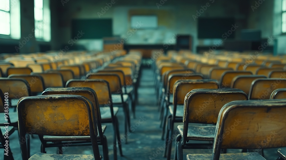 Poster empty classroom with a lot of chair with no student empty classroom with vintage tone wooden chairs 