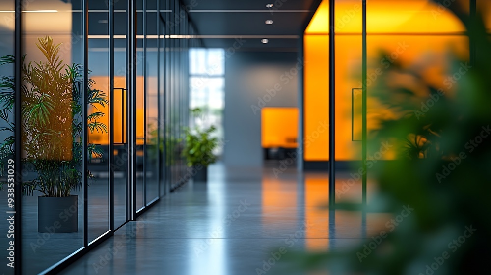 Aufkleber beautiful blurred background of a modern office interior in gray tones with panoramic windows glass 