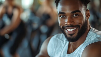 Fototapeta premium Smiling man enjoying spin class stationary bike gym : Generative AI