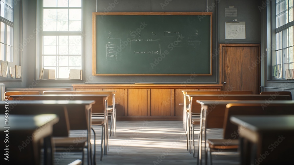 Poster empty classroom with chairs desks and chalkboard : generative ai