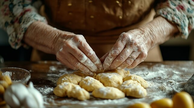 Close up of hands of senior woman preparing traditional easter meals for family kneading dough for easter cross buns Recreating family recipes custom : Generative AI