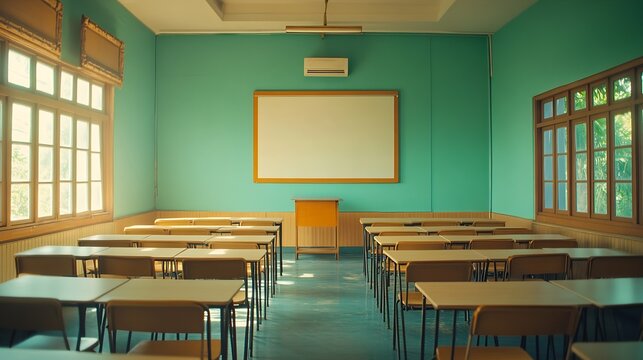 Lecture room or School empty classroom with desks and chair iron wood for studying lessons in high school Thailand interior of secondary education with whiteboard vintage tone educatio : Generative AI