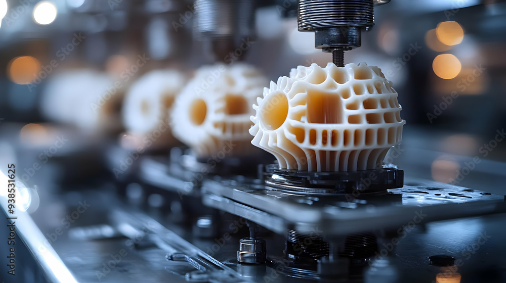 Poster close-up of a 3d printed object being manufactured on a production line.