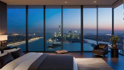 Fototapeta premium penthouse bedroom at night, dark gloomy, A room with a view of the city from the bed