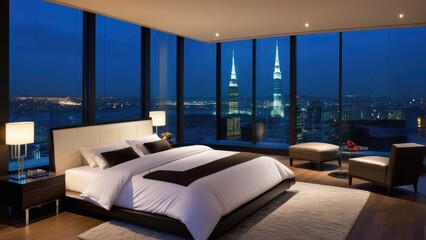 penthouse bedroom at night, dark gloomy, A room with a view of the city from the bed