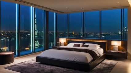 penthouse bedroom at night, dark gloomy, A room with a view of the city from the bed