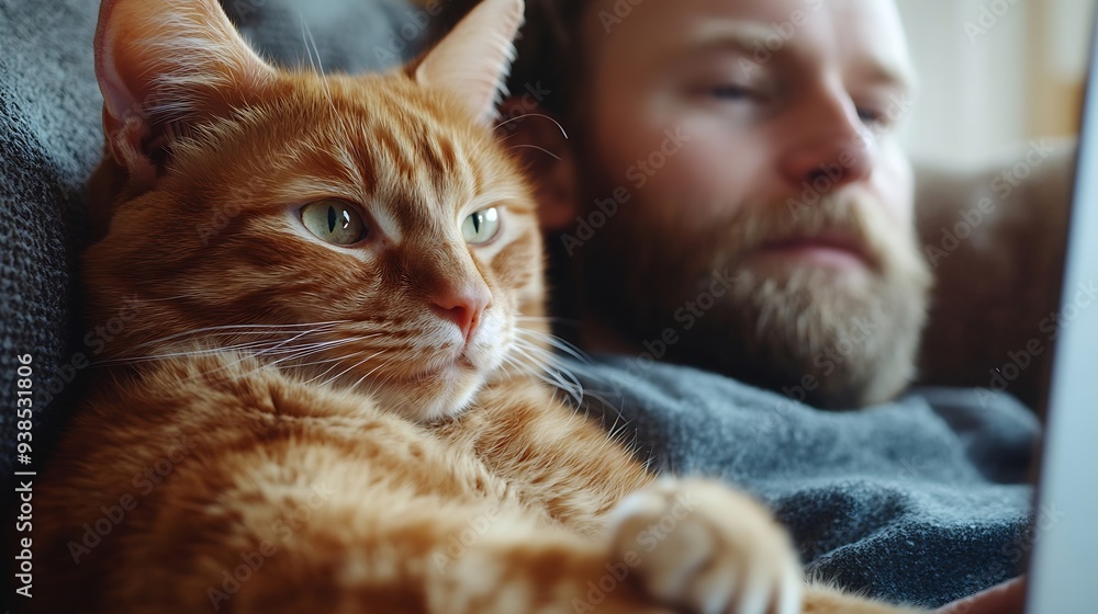 Poster Man working online from home with pet using laptop Ginger cat looks at screen interested in computer Interrupting while working on internet : Generative AI