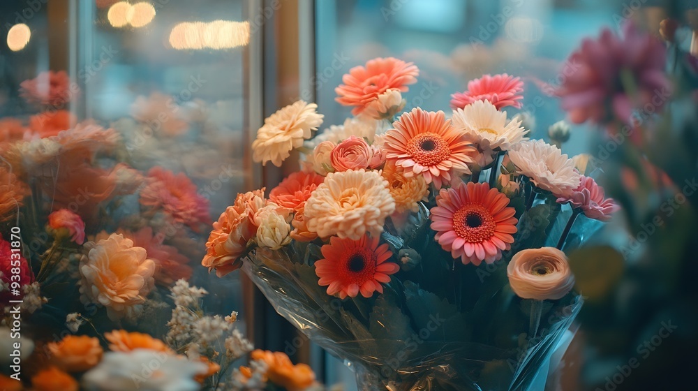 Poster window display of a florist full of warm colored flowers : generative ai