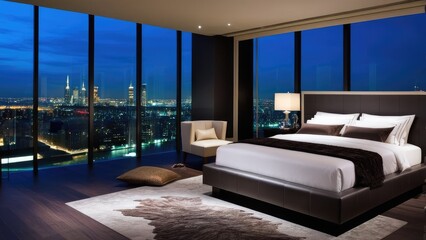 penthouse bedroom at night, dark gloomy, A room with a view of the city from the bed