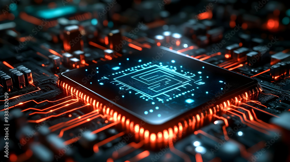 Poster close-up of a glowing cpu on a circuit board.