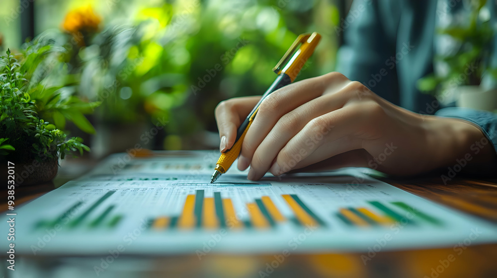 Poster closeup of a hand analyzing a document with graphs and a yellow pen.
