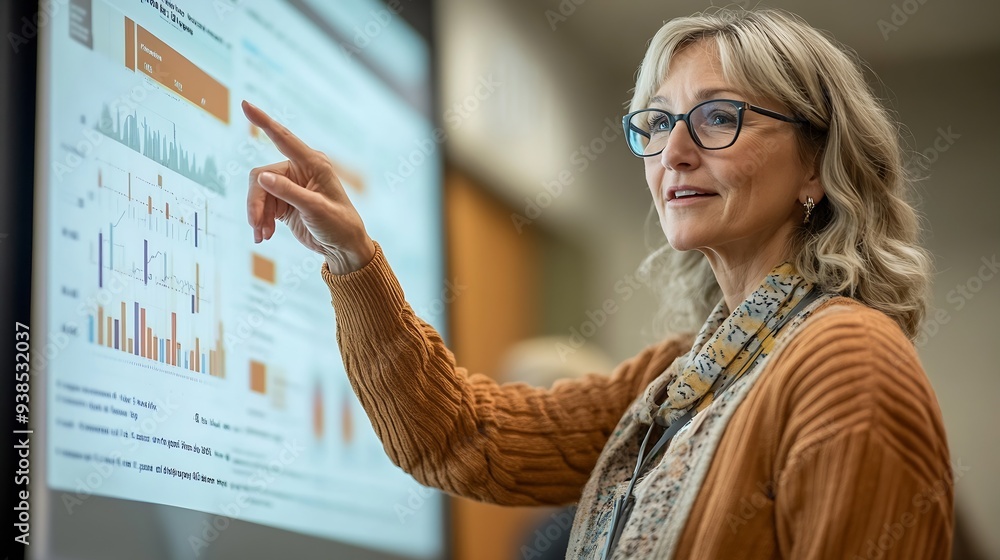 Poster A mature female instructor points to a chart on a digital screen during an educational session in a welllit classroom : Generative AI