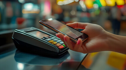 Close-up of a hand holding a smartphone over a payment terminal.