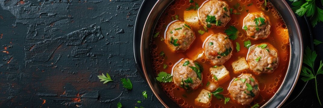 Meatball soup served in an elegant bowl, complemented by croutons and illuminated by soft lighting. A classic European meatball dish, featuring variations like kyufta and faggots, offering a savory