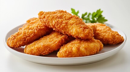 Breaded chicken strips breast fillet meat on a plate Isolated on white background : Generative AI