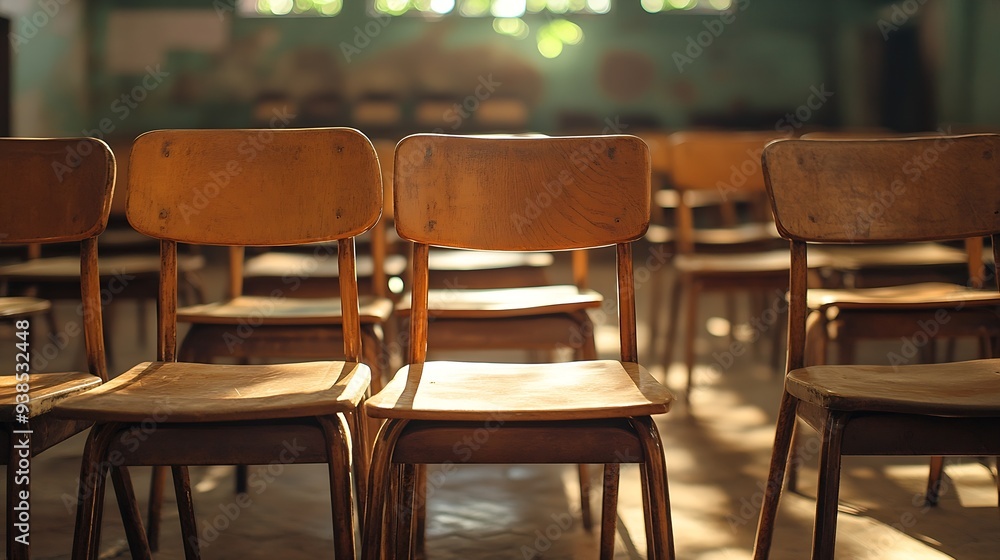Aufkleber selective soft and blur focusold wooden row lecture chairs in classroom in poor schoolstudy room wit