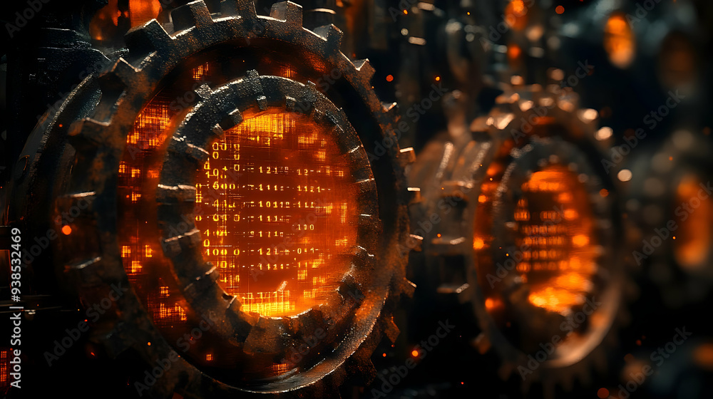 Poster close-up of a rusty gear with glowing digital code in the center.
