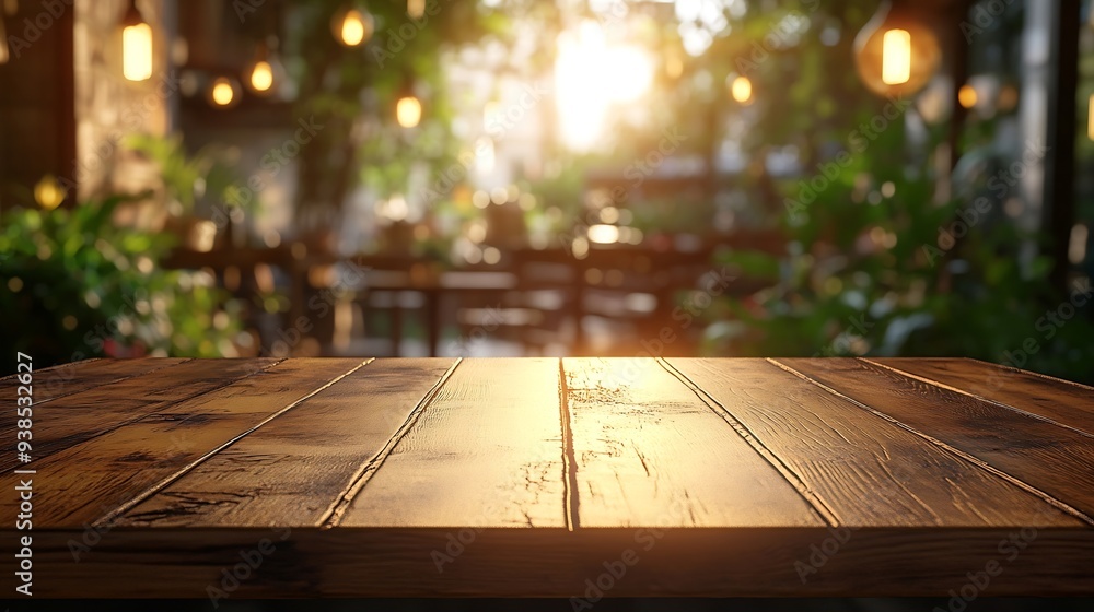 Aufkleber empty table to showcase your product against the background of a blurred cafe golden bokeh high qual