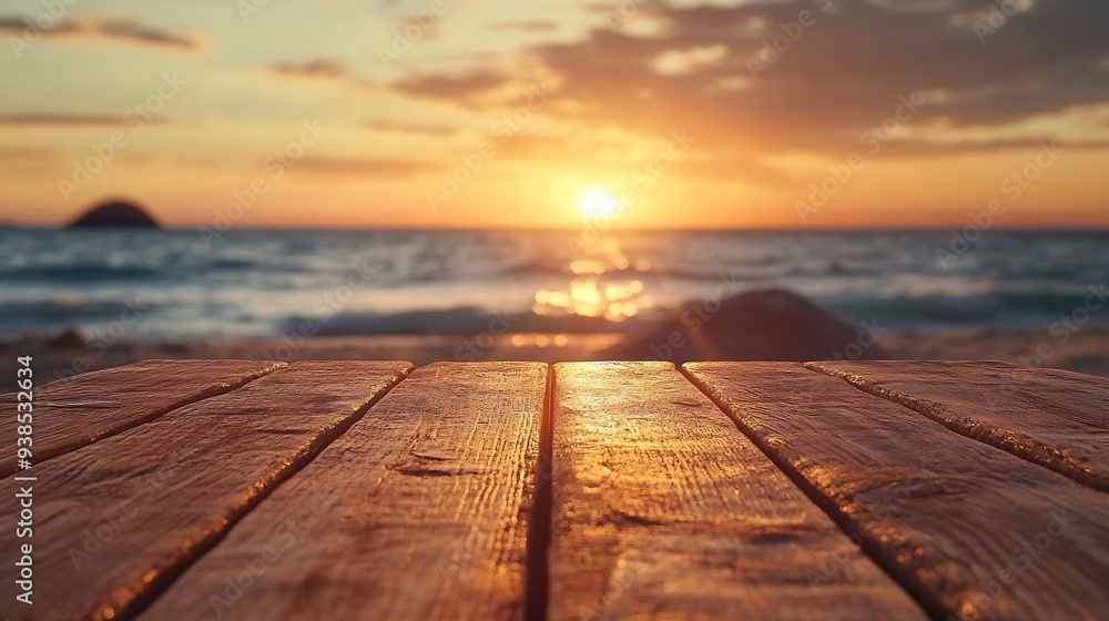 Aufkleber worn old brown table of empty space for your decoration and summer landscape of sea with sunset time