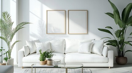 Stylish compositions of modern living room interior with white modular sofa design armchair mock up poster frames plants decorations glassy coffee table and elegant personal accessorie : Generative AI