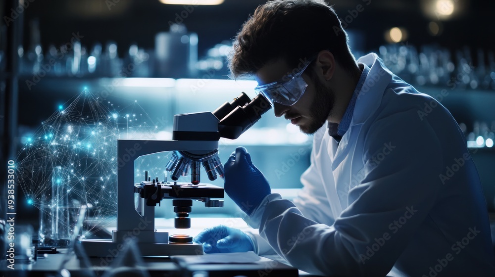 Poster scientist using microscope in a laboratory