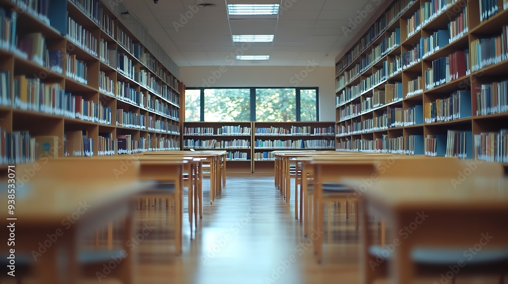 Aufkleber abstract blurred empty college library interior space blurry classroom with bookshelves by defocused