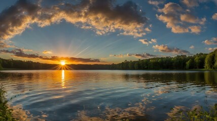 Fototapeta premium Sunrise Over Calm Lake With Reflections