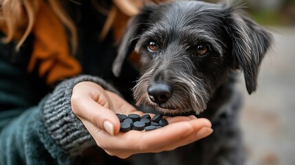 Woman holding a activated charcoal tablet to her dogs first aid help for poisoning or diarrhea coal for pets : Generative AI
