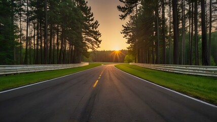 Naklejka premium Empty race track and green woods nature landscape at sunset