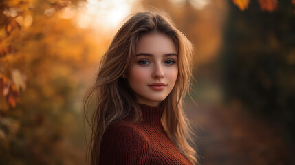 Naklejka premium autumn portrait of a pretty brunette woman