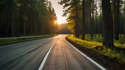 Obraz premium Empty race track and green woods nature landscape at sunset