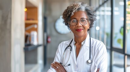 Elderly Afro-American female doctor in white professional clothes ,woman smiling