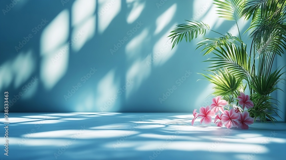 Aufkleber Abstract blue color gradient studio background for product presentation Empty room with shadows of window and flowers and palm leaves  3d room with copy space Summer concert Blurred ba : Generative AI