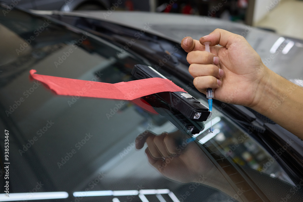 Poster expertly repairing a windshield utilizing precision tools in an auto service workshop