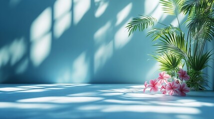 Abstract blue color gradient studio background for product presentation Empty room with shadows of window and flowers and palm leaves  3d room with copy space Summer concert Blurred ba : Generative AI