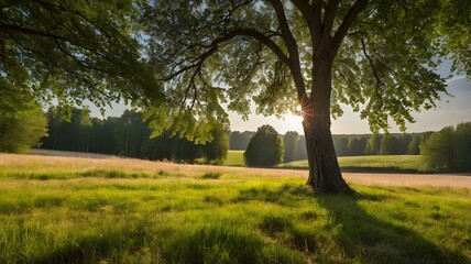 Obraz premium Landscape in summer with trees and meadows in bright sunshine