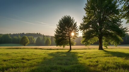 Fototapeta premium Landscape in summer with trees and meadows in bright sunshine