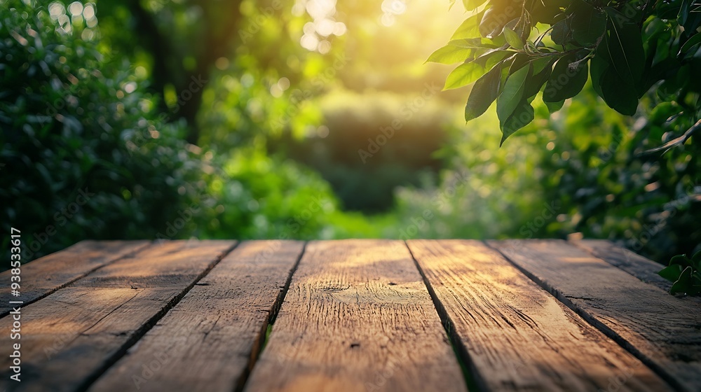 Aufkleber brown wood plank table top on blur and bokeh abstract green tree in the gardening for banner design 
