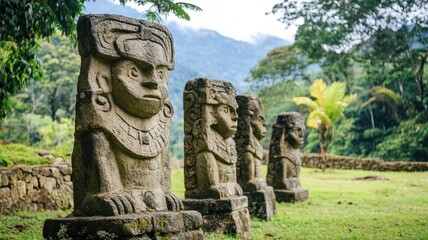 Ancient stone statues in tropical forest setting