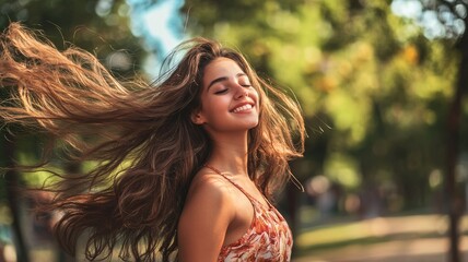 Fototapeta premium Happy young woman with long hair enjoying sunny day outside