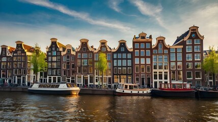 Obraz premium Traditional canal houses in Amsterdam at sunset