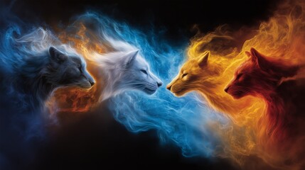 Ethereal wolves made of fire and ice facing each other, symbolizing the clash and balance of opposing forces. Elemental duality and conflict concept